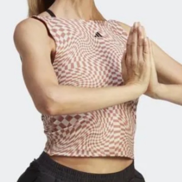 Adidas Print Clash Brown Checkered Yoga Top L Cross Low Back - Picture 1 of 8
